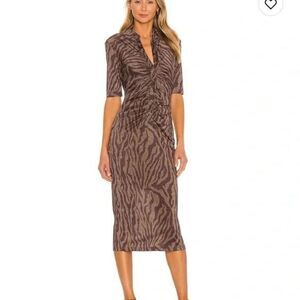 Hansen & Gretel Dress Womens XS Brown Zebra Print Valencia Midi Ruched Shimmer